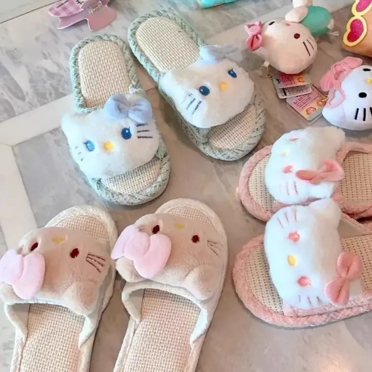 日系可爱亚麻kitty布艺凉席拖鞋居家透气吸汗防滑踩屎感一字拖鞋