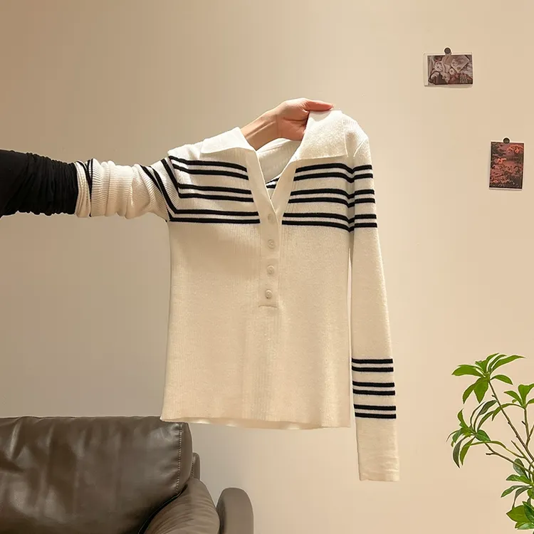 复古撞色条纹Polo领针织打底衫女春秋新款高级感修身显瘦软糯上衣