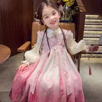【现货】米米哈罗女童春款国风改良中式立体绣花汉服裙连衣裙C25110