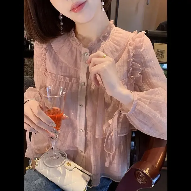 雪纺衫木耳边长袖春女衬衣雪纺衫遮肚气质名媛显瘦