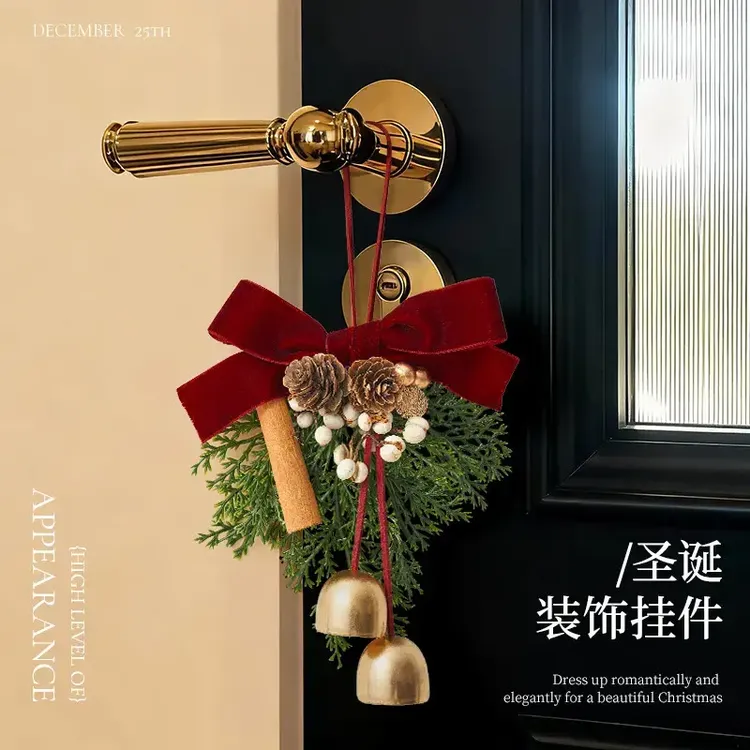 圣诞蝴蝶结花环门挂装饰小铃铛吊饰节日氛围门饰场景布置装扮道具