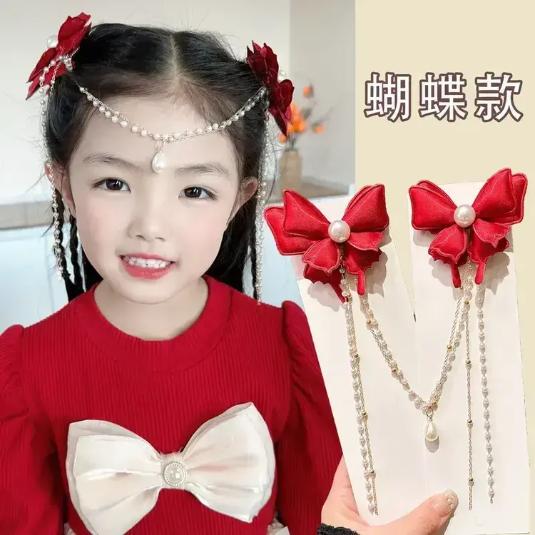 蝴蝶结边夹小香风公主儿童发饰女童对夹精致新年发夹甜美额链发卡