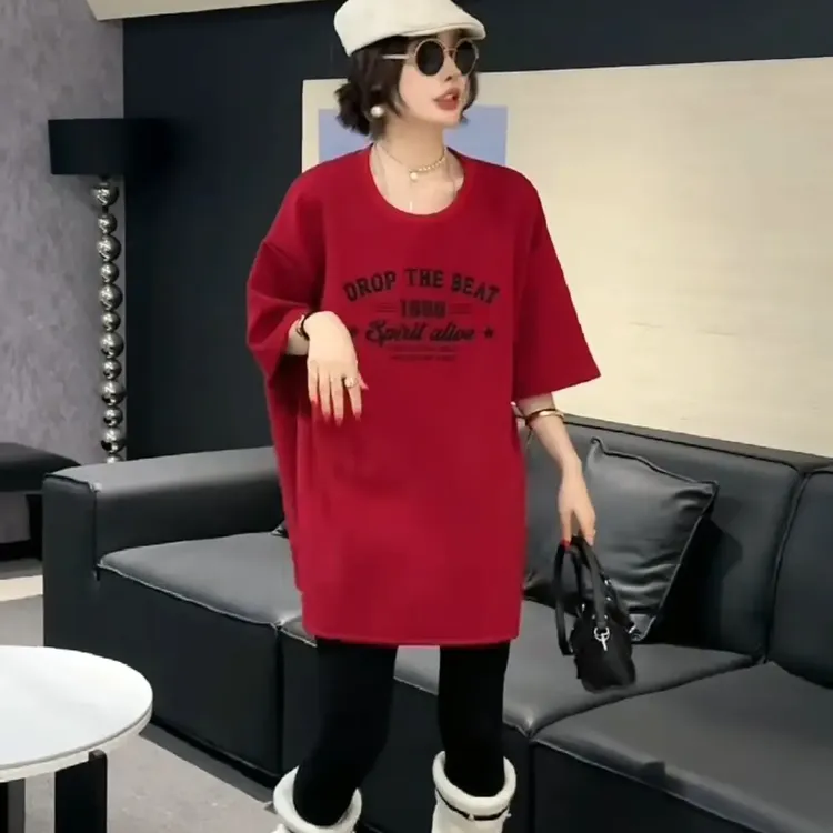 冬季新年款宽松重工刺绣字母半袖T恤女时尚百搭