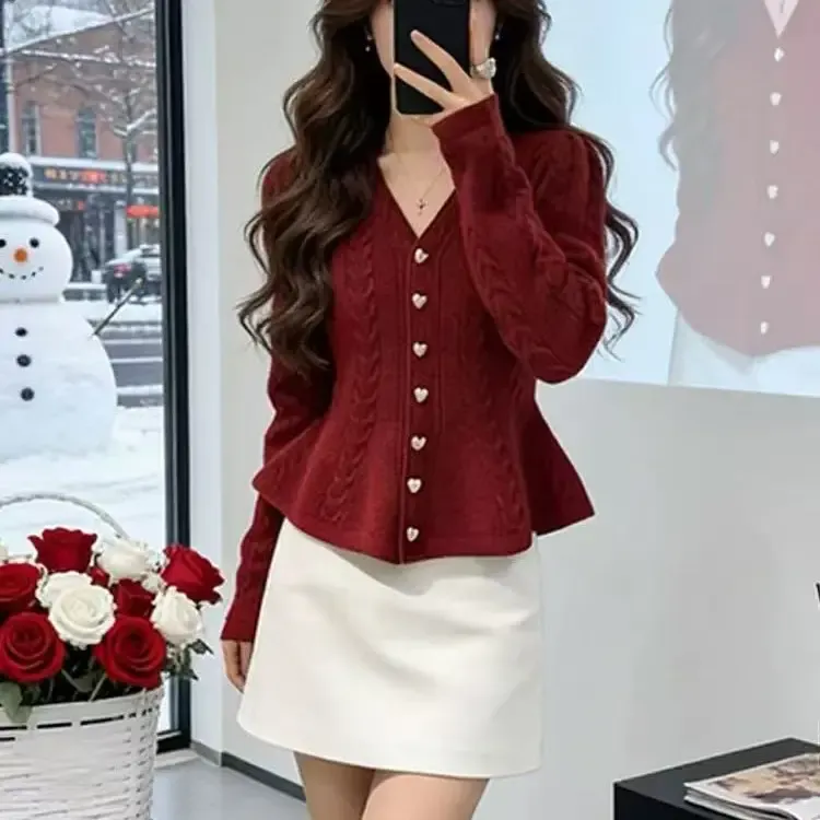 秋冬慵懒风春秋冬收腰显瘦V领针织开衫女内搭上衣洋气