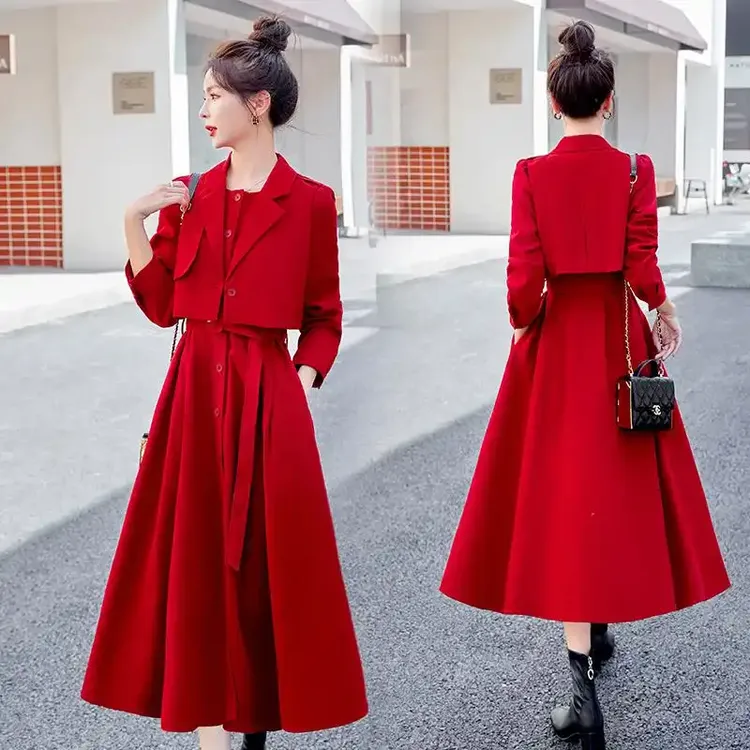红色长袖连衣裙套装女2025春新款气质名媛高级感马甲衬衫裙两件套