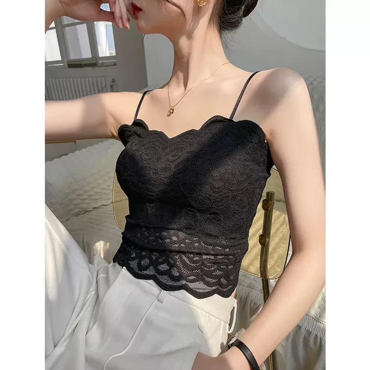 黑色蕾丝吊带背心女春夏2025新款高级感带胸垫内搭外穿打底衫上衣