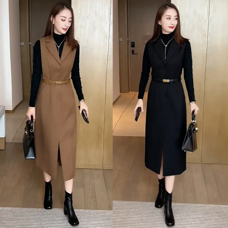 春秋时尚连衣裙中长款马甲裙职业坎肩打底背心裙收腰气质修身显瘦