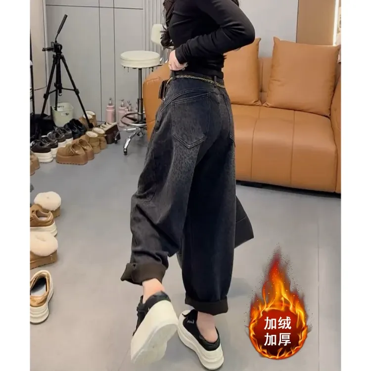 加绒加厚豹纹弯刀裤女2025秋冬新款小个子显瘦高腰时髦百搭牛仔裤