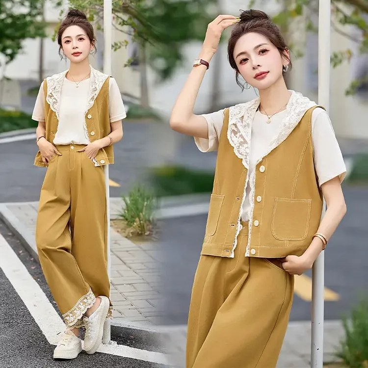 2025夏季新款休闲时尚蕾丝拼接牛仔套装女设计感百搭阔腿裤三件套