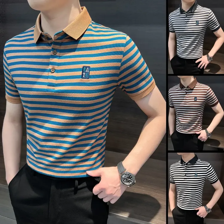 polo衫男款爆款2025新款高贵上档次男装商务条纹半袖男士短袖T恤