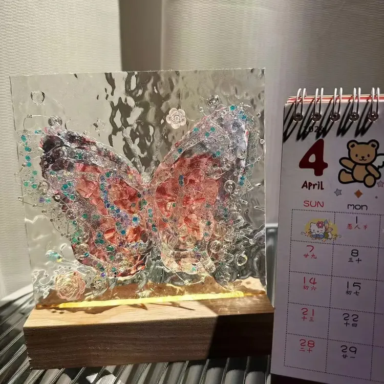 【高品质】立体梦幻蝴蝶亚克力板手绘DIY水波纹玻璃画创意小夜灯