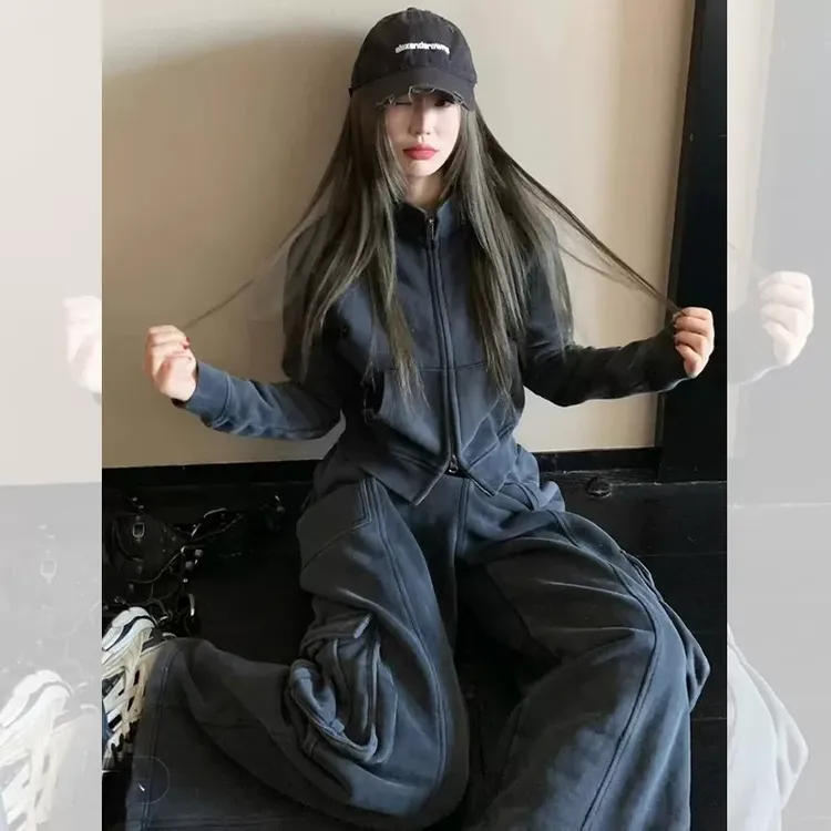 欧货高级感灰色休闲运动卫衣套装女春秋2025时尚炸街减龄两件套潮
