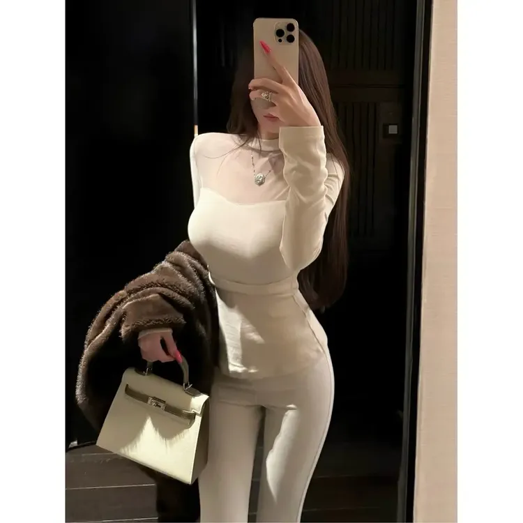 【6-8运补】辣妹微透网纱拼接半高领长袖女冬修身上衣内搭+白色圆领