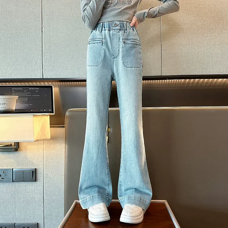 女童牛仔裤春秋款2025新款中大童喇叭裤12岁宽松初中生春装微喇裤