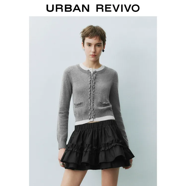 UR2025秋季新款女装撞色假两件木耳边针织开衫UYU950049