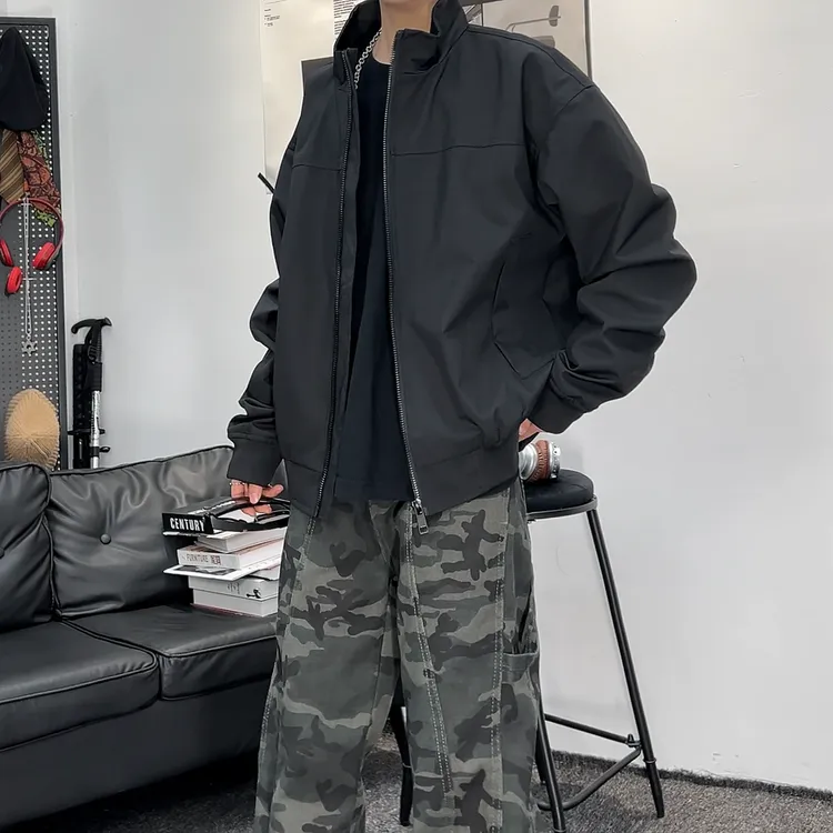 秋季美式休闲基础大众立领短款长袖拉链夹克男士个性高街上衣外套