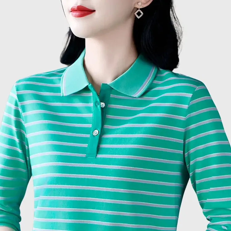 湖绿时髦条纹polo衫女春秋季2025运动休闲上衣长袖恤衫减龄OL翻领