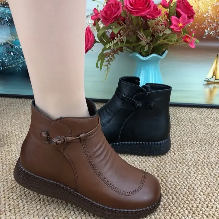新款冬季短靴侧拉链加绒棉鞋加厚保暖平跟女靴妈妈鞋
