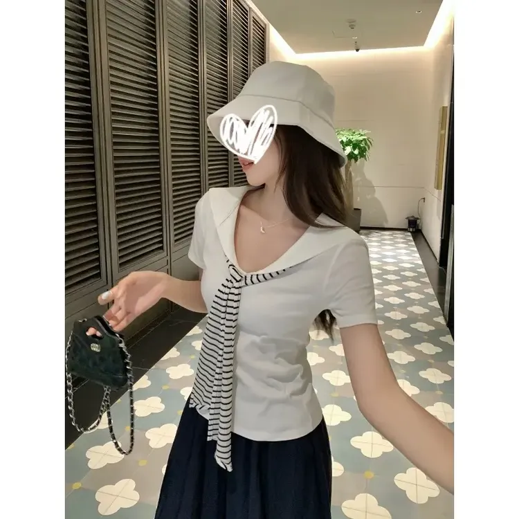 大码胖MM200斤夏韩版海军领套头条纹披肩正肩设计感短袖T恤上衣女