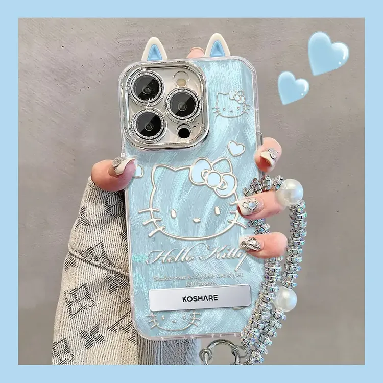 适用苹果vivo华为oppo小米iPhone14粉蓝KT耳朵精孔羽纱支架手机壳