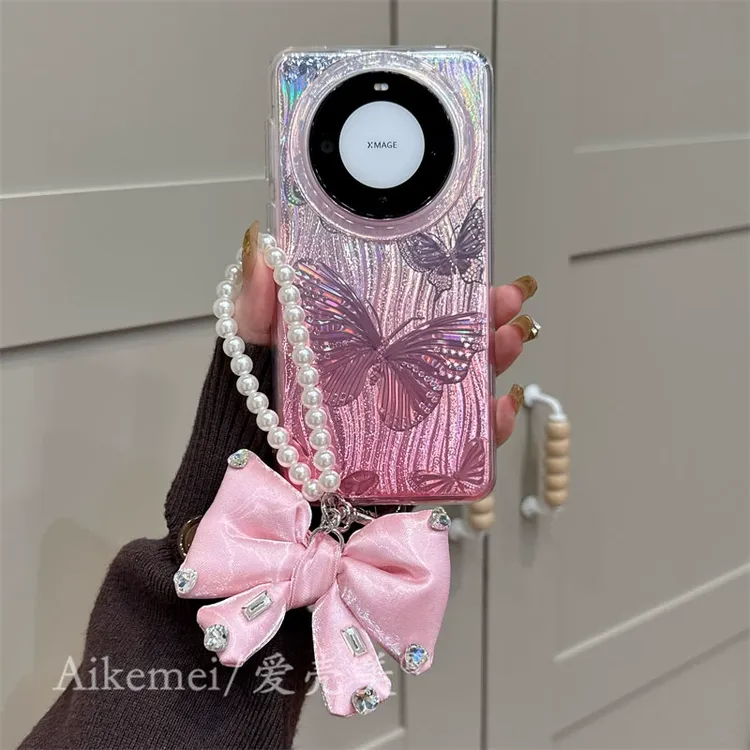 适用华为mate70pro+手机壳气质仙女风mate60pro+渐变波浪纹蝴蝶结
