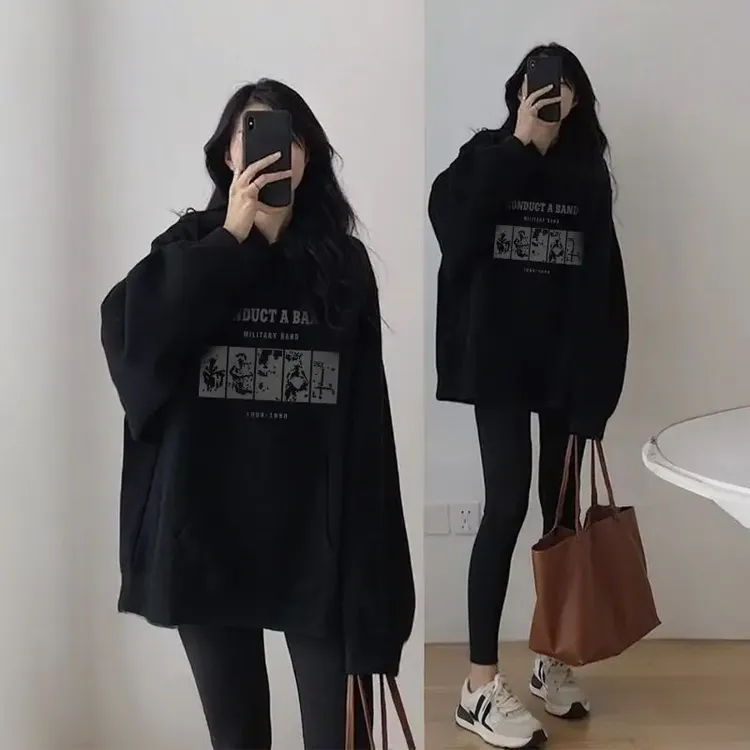 美式复古oversize宽松连帽卫衣秋冬款加绒300斤大码男女帽衫外套
