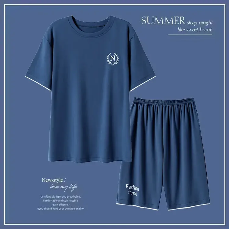 男士莫代尔睡衣夏季短袖薄款简约休闲宽松冰丝透气圆领家居服套装