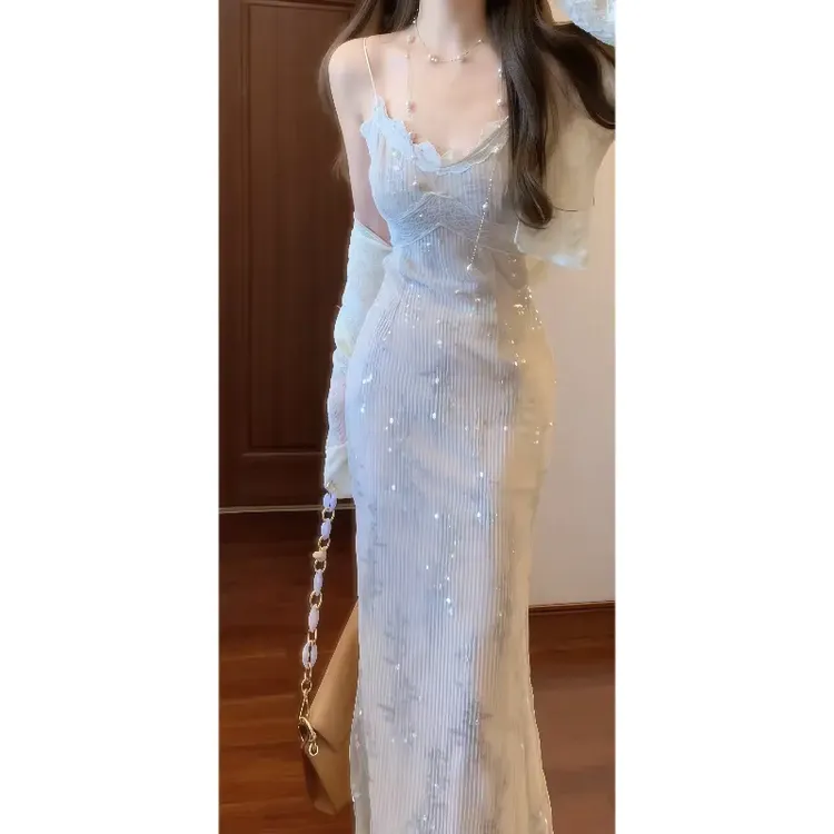 亮片蕾丝V领修身吊带连衣裙纯欲气质包臀长裙&防晒空调开衫两件套