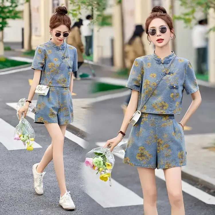 E139新中式国风复古盘扣牛仔套装女夏季新款小个子印花短裤两件套