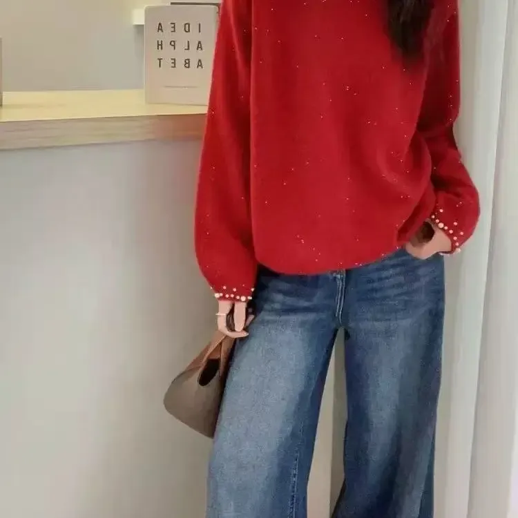 秋冬慵懒风红色钉珠宽松显瘦针织韩版毛衣ins打底女内搭上衣