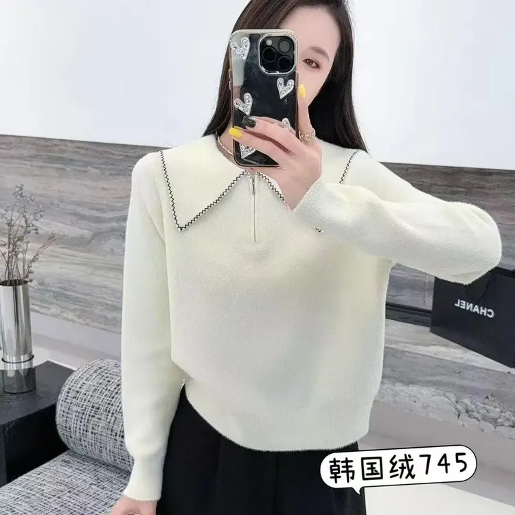 745秋冬季法式娃娃领女宽松显瘦慵懒风长袖毛衣外套