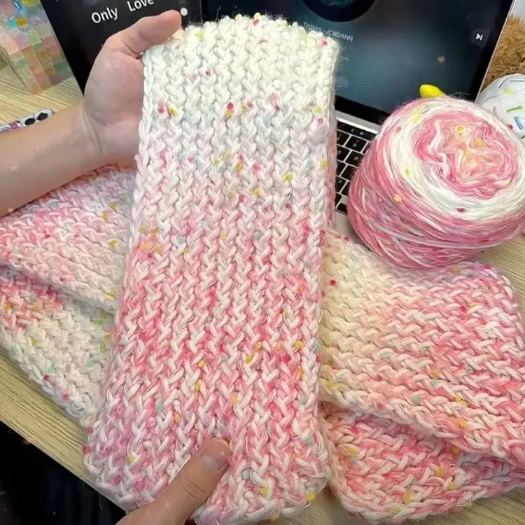 【奈奈】手工diy渐变手混线彩虹糖围巾材料包粗毛线元宝针车用围巾