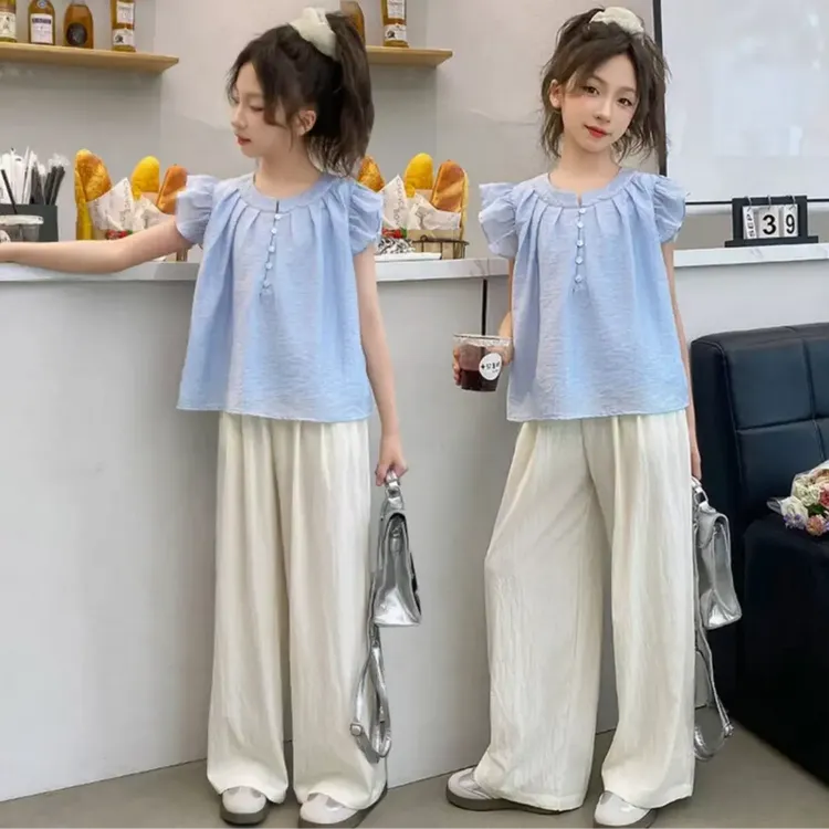 女童甜美套装简约夏季纯色中大童夏天飞袖山本裤子薄款两件套时髦