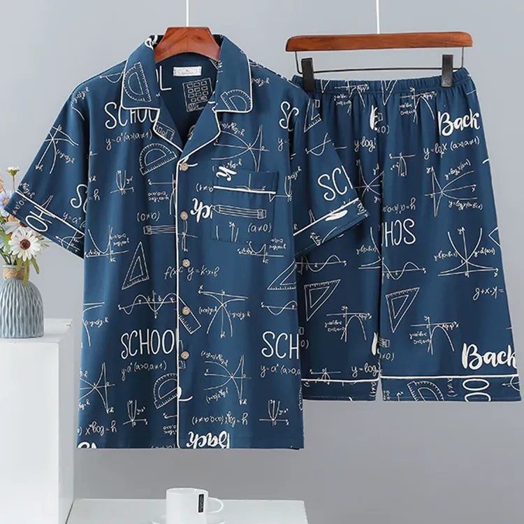 男士睡衣短袖睡衣男夏季开衫加肥加大码青少年卡通休闲家居服套装