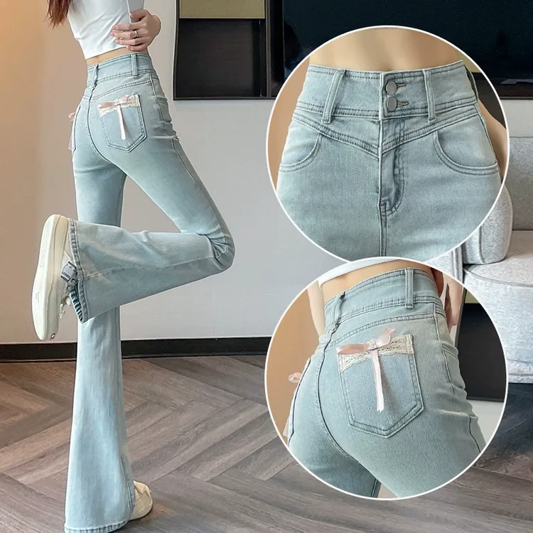 蜜蜜穿搭浅蓝色蜜桃臀微喇牛仔裤女冬季加绒提臀裤子蝴蝶结喇叭裤