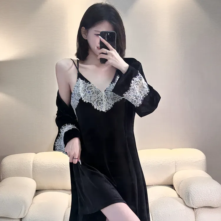 秋冬新款法式V领金丝绒长袖睡袍套装睡裙美背高级丝性感吊带睡袍