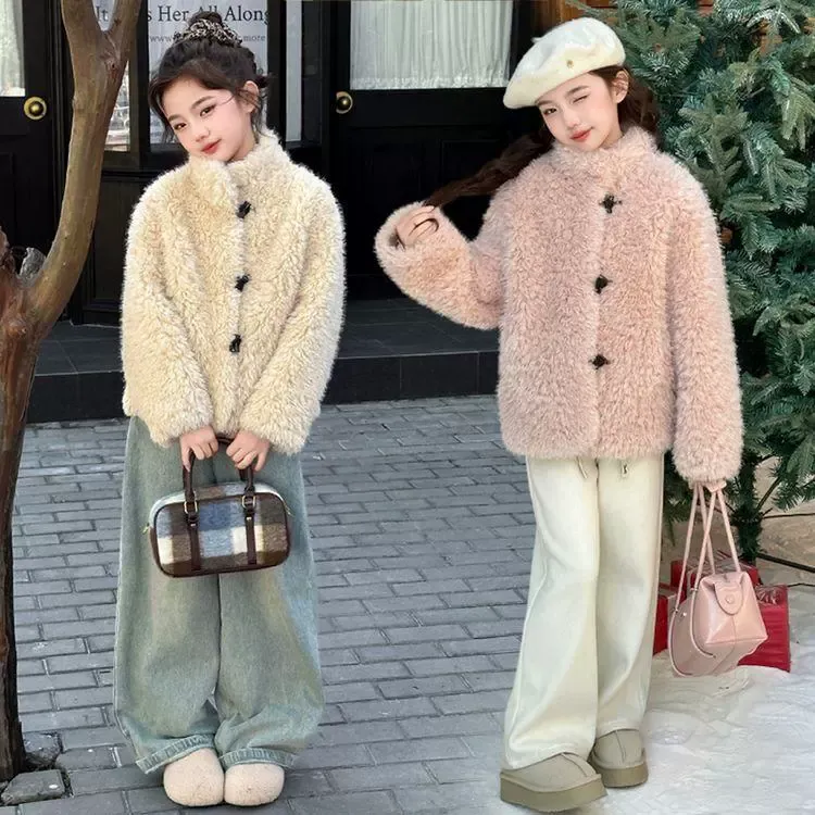 2024秋冬新款韩版立领外套女童装短款毛毛衣加厚上衣韩版