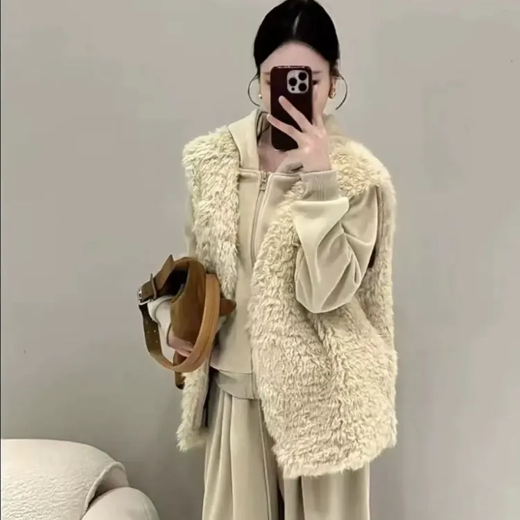 冬季韩系慵懒风毛毛马甲搭配休闲阔腿裤套装