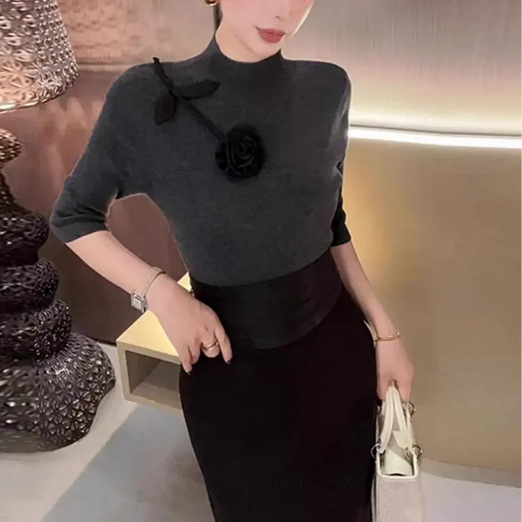 （长袖中袖）(秋冬款)设计师花朵女毛针织衫打底上衣7781#工厂直销