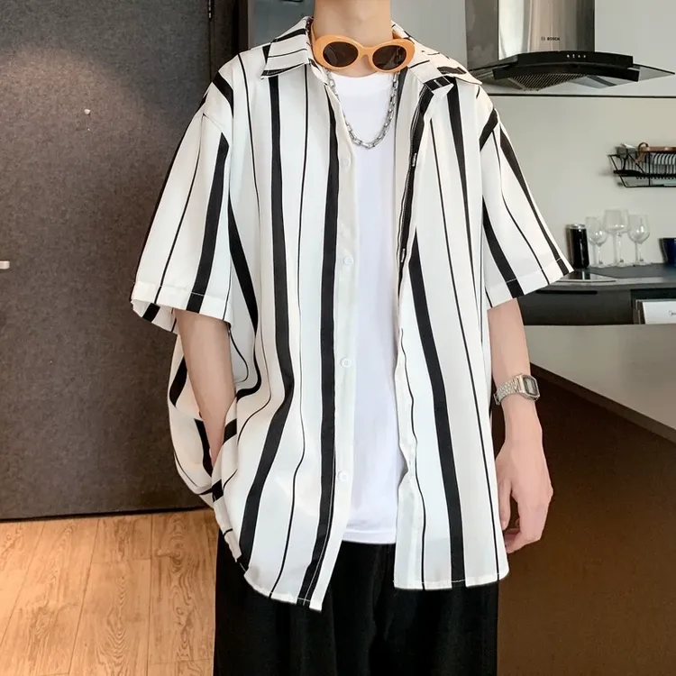夏季半袖条纹男士冰丝V领短袖衬衫韩版潮流痞帅男体恤潮牌中袖衬