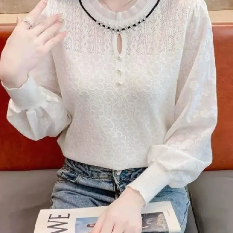 法式简约蕾丝拼接针织衫女秋季新款大码胖MM温柔设计感长袖上衣