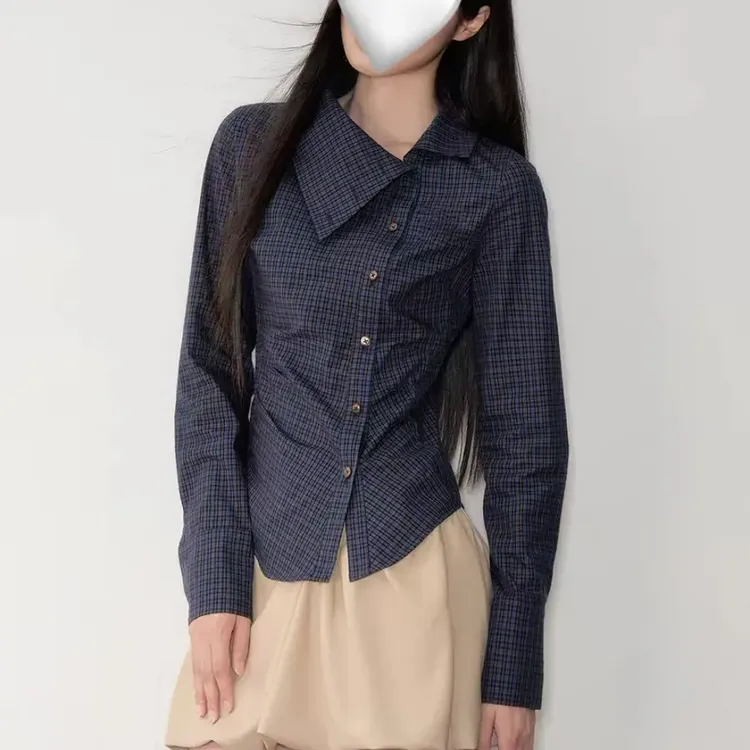 斜翻领复古格纹掐腰显瘦长袖衬衫上衣女高品质精致舒适爆款设计感