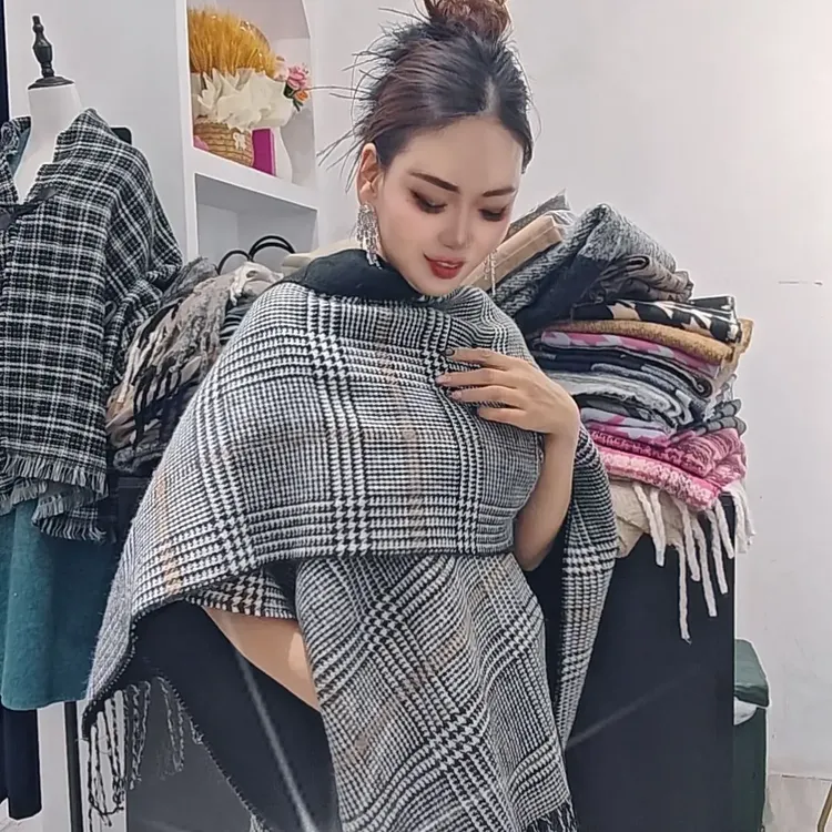 千鸟格韩系复古保暖围巾格子加厚围脖双面长款秋冬外搭高级百搭