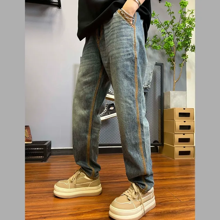 培蒙2025春季新款美式复古黄泥色时尚牛仔裤男宽松轻奢拼色长裤子