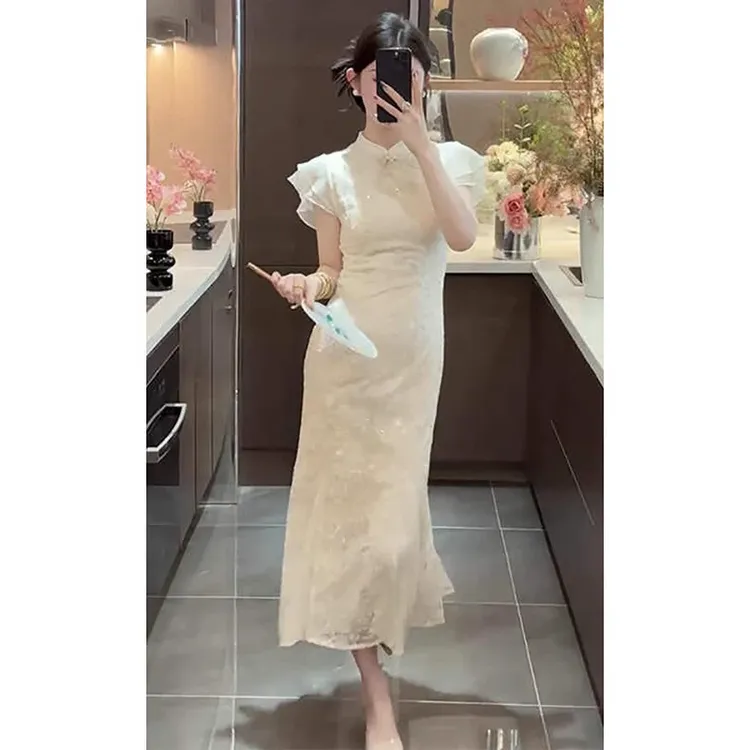 新中式气质国风旗袍连衣裙超火夏季新款白色仙气收腰长裙女装