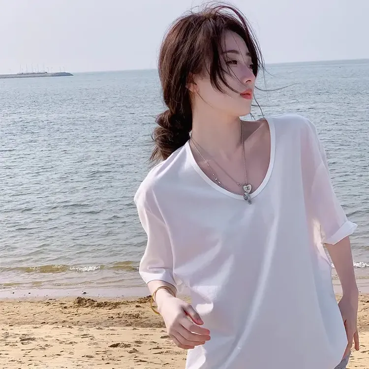 纯色v领正肩宽松百搭显瘦短袖女2025新款爆款夏装减龄休闲T恤上衣