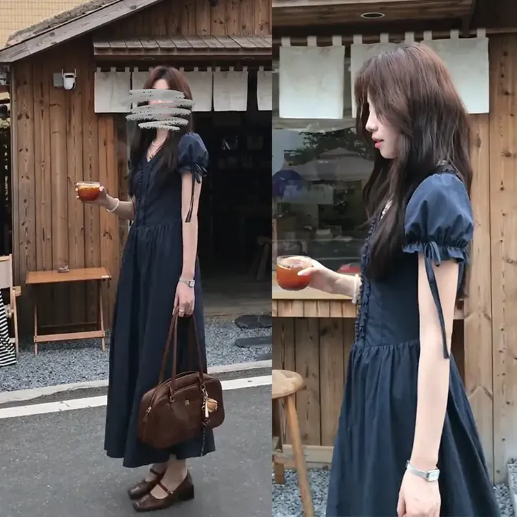 韩系高级感藏蓝色V领木耳边泡泡袖气质百搭收腰显瘦小众连衣裙女