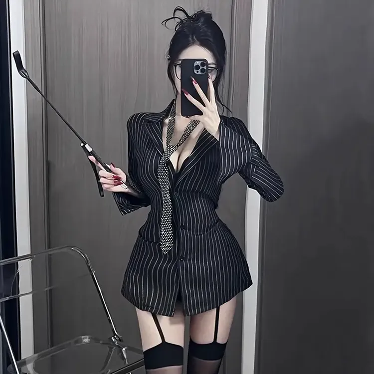 【恋人糖】性感女秘书cos制服成人趣味服装职场风条纹成人趣味睡裙