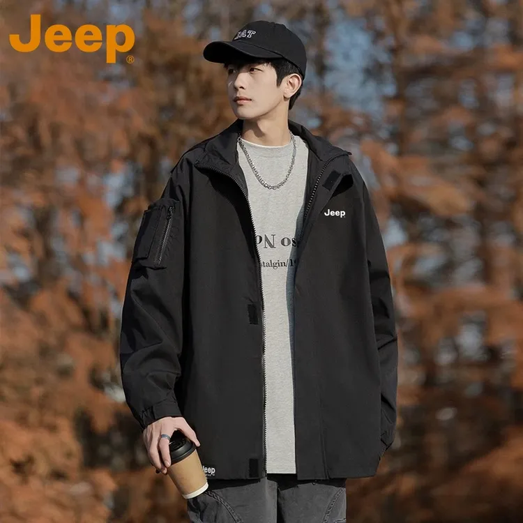 JEEP吉普户外工装外套男士美式春秋季宽松夹克男款连帽运动上衣服