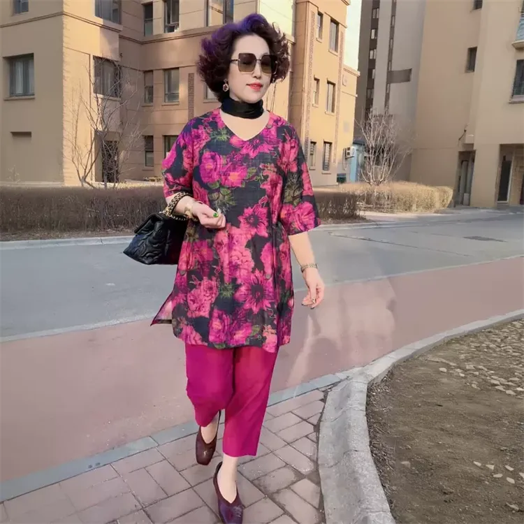 欧货高端夏季时尚妈妈宽松遮肉中长款棉麻大版衬衫小脚裤两件套装